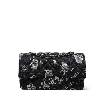 Black White Airline Printed Satin Classic Flap Medium Silver Hardware