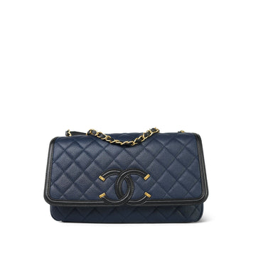 Navy leather Quilted CC Filigree Single Flap Bag Medium Aged Gold Hardware