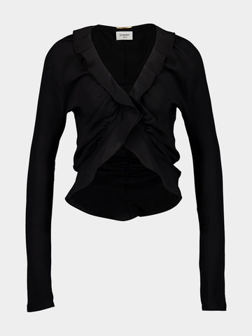 Black Ruffled Silk Crepe de Chine Blouse