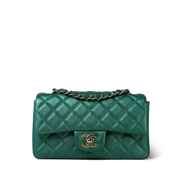 22A Iridescent Green leather Quilted Mini Rectangular Single Flap Light Gold Hardware