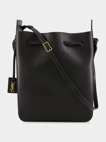 Black Leather Large Bucket Bag with Cassandre Charm