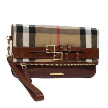 Burberry Nova Check Clutch Bag Canvas Leather Brown Auth 83127A