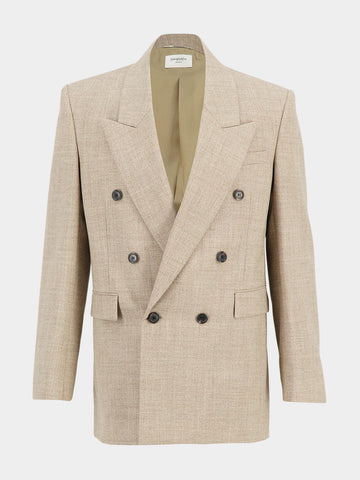 Beige Taupe Wool Double-Breasted Blazer