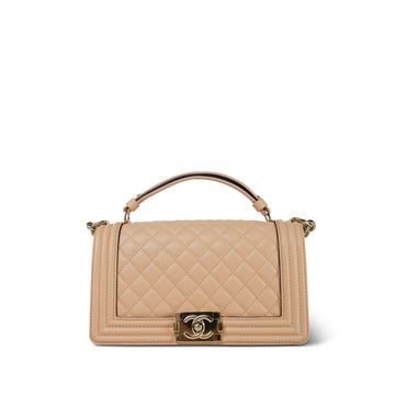 19S Beige leather Quilted Top Handle Boy Bag Old Medium Light Gold Hardware