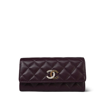 24B Burgundy leather Quilted Crystal CC Long Flap Card Holder Light Gold Hardware