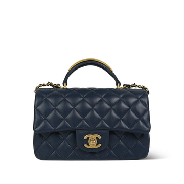 22B Navy leather Quilted Logo Engraved Mini Top Handle Aged Gold Hardware