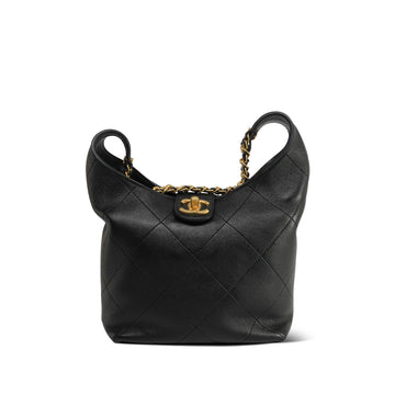 Black leather Quilted Braided Chain Hobo Bag Aged Gold Hardware