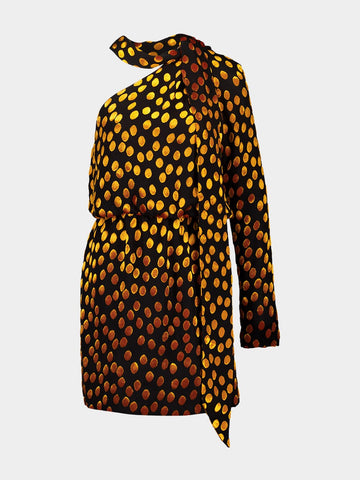 One-Shoulder Dress in Noir Orange Velvet Dotted Silk