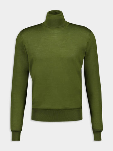 Turtleneck Sweater in Olive Green Cashmere Wool and Silk