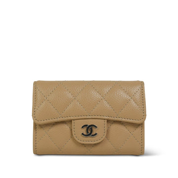 Beige leather Quilted Classic Flap Card Holder Silver Hardware