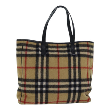 Burberry Nova Check Blue Label Shoulder Bag Wool Beige Silver Auth 85897