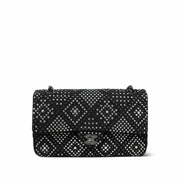 Black/Silver Strass Swarovski Crystal Black Tweed Quilted Medium Classic Flap Black Hardware