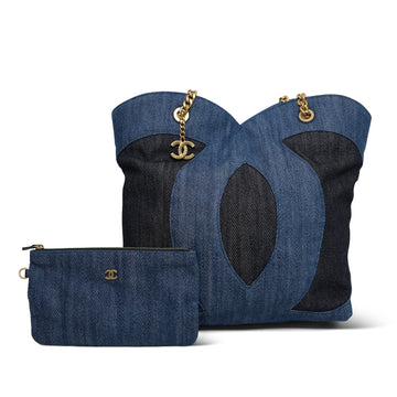 23P Black Blue Denim Quilted CC Tote Aged Gold Hardware