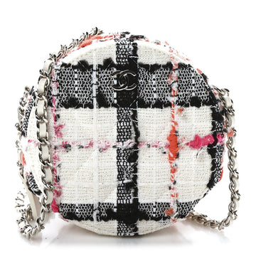 Tweed Quilted Round Clutch With Chain Black White Multicolor