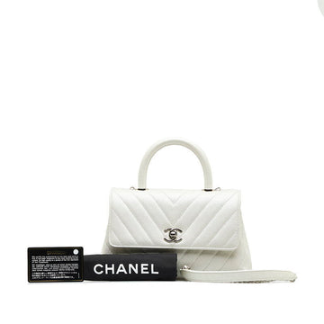 Top Quality Chanel Chevron V tick Coco Handle Handbag Shoulder Bag 2WAY White Leather S  CHANEL