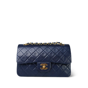 Navy leather Quilted Classic Flap Small Gold Hardware