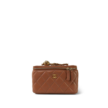 24K Caramel leather Quilted Pearl Crush Vanity Case With Chain Aged Gold Hardware