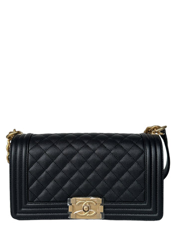 Chanel 2023 NEW Black Caviar Leather Quilted Medium Boy Bag