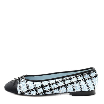Tweed Grosgrain Cap Toe Ballerina Flats 39.5 Light Blue Black