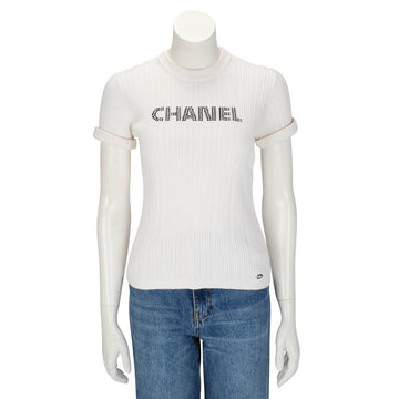 Chanel White Ribbed Cotton Logo Knit Top