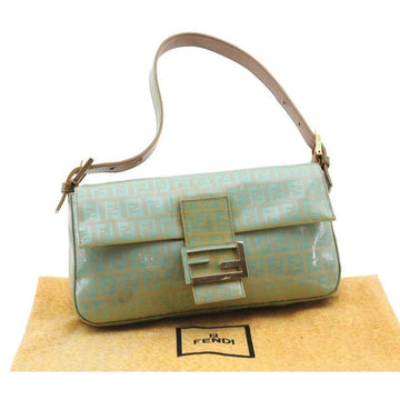 Fendi Aqua Zucchino Print On Gold  Leather Baguette w  Enamel FF Clasp