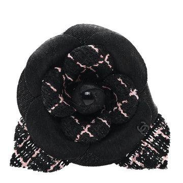 Tweed Fabric Camellia Pin Brooch Black Pink