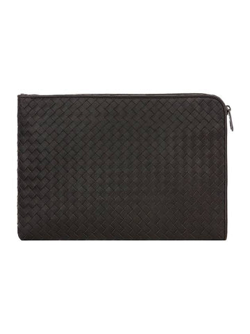 Luxury Bottega Veneta Intrecciato Weaving Zipper Clutch Bag Black Brown