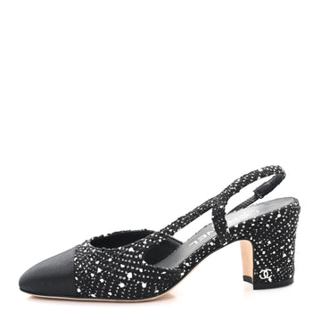 Tweed Polkadot Grosgrain Cap Toe CC Slingback Pumps 36 Black White Silver