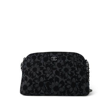 24K Black Floral Denim Quilted Clutch On Chain Silver Hardware