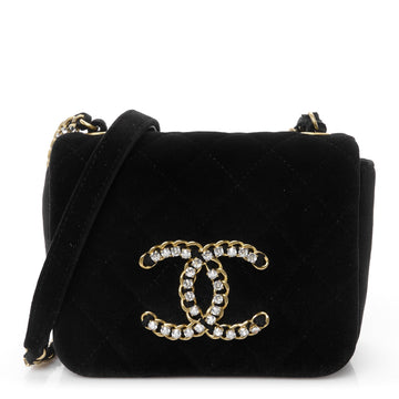 Velvet Quilted Crystal CC Mini Flap Black