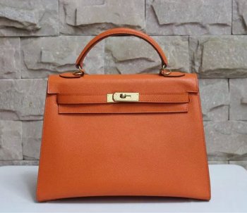Hermes Kelly 32cm Leather Leather Handbag Orange Gold