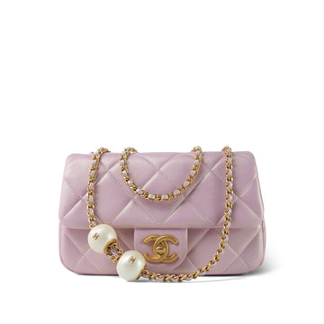 24S Pink Iridescent leather Quilted Pearl Chain Flap Bag Aged Gold Hardware