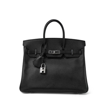 Birkin 25 Black leather Palladium Plated M Square Stamp