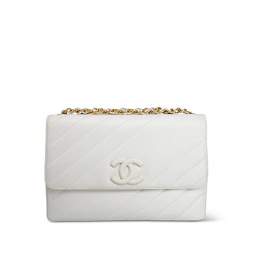 White leather Quilted Diagonal Stitch Jumbo Flap Bag GHW