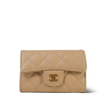 Beige leather Quilted Classic Flap Card Holder Gold Hardware