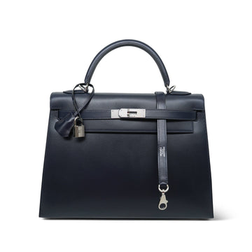 Kelly Sellier 32 Navy Box leather Guilloche Palladium Plated G Square