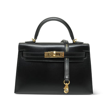 Mini Kelly Sellier Black Box leather  W Stamp