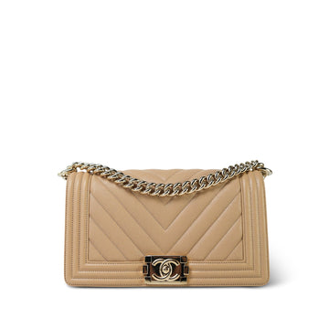 22S Beige Chevron leather Quilted Boy Bag Medium Light Gold Hardware