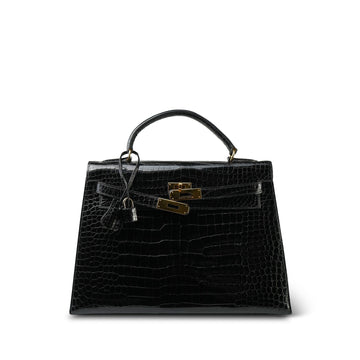 Kelly 32 Black Porosus leather Lisse  X Circle Stamp