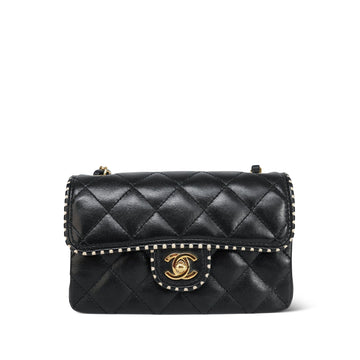 Black leather Quilted White Perforated Edge Mini Rectangular Flap LGHW