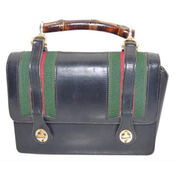 Gucci Black Leather Lunch-box Satchel w Bamboo Handle & Red & Green Stripes