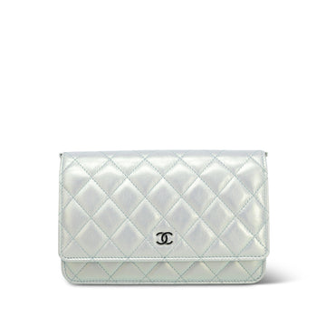 21K Light Blue/ White Iridescent leather Quilted Wallet on Chain WOC Silver Hardware