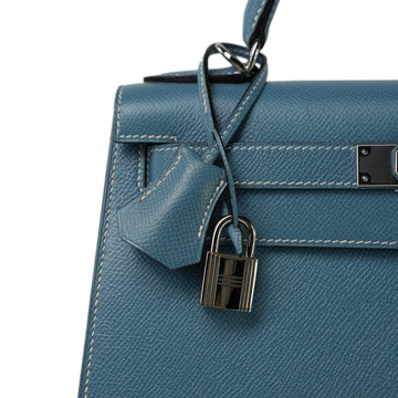 Kelly Sellier 28 Blue Jean Veau leather Palladium Plated E Square Stamp