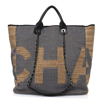 Woven Straw Raffia Logo Tote Blue Beige