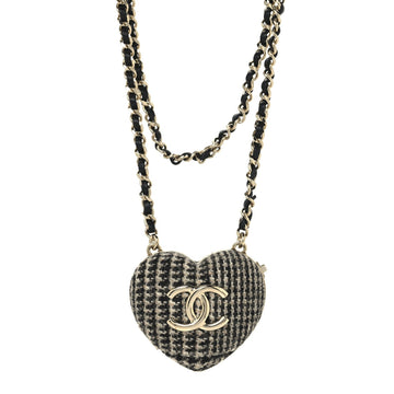 Tweed Lambskin CC Heart Locket Necklace Gold Black Beige