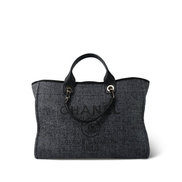 21S Navy/Black Raffia/Tweed Quilted Deauville Tote Large Light Gold Hardware