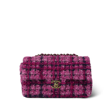 Fuchsia Tweed Quilted Mini Rectangular Flap Light Gold Hardware