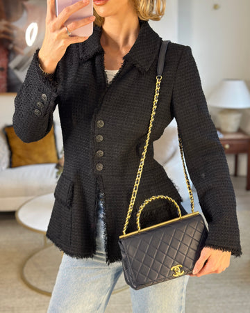 Chanel Navy Top Handle Bag in Leather with Brushed Gold Hardware