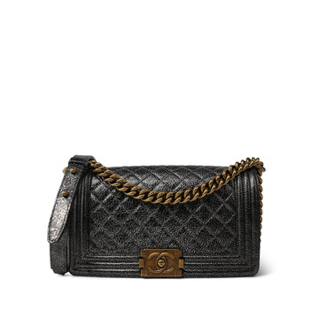 17A Black Silver Metallic Cracked leather Boy Bag Old Medium Aged Bronze/Gold Hardware