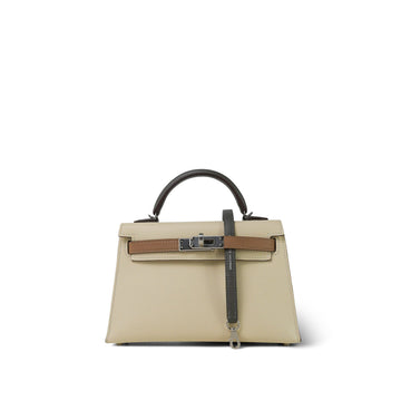 Mini Kelly Sellier II Tri-Color Horseshoe (HSS) Nata/Gris Meyer/Chai leather Palladium Plated U Stamp